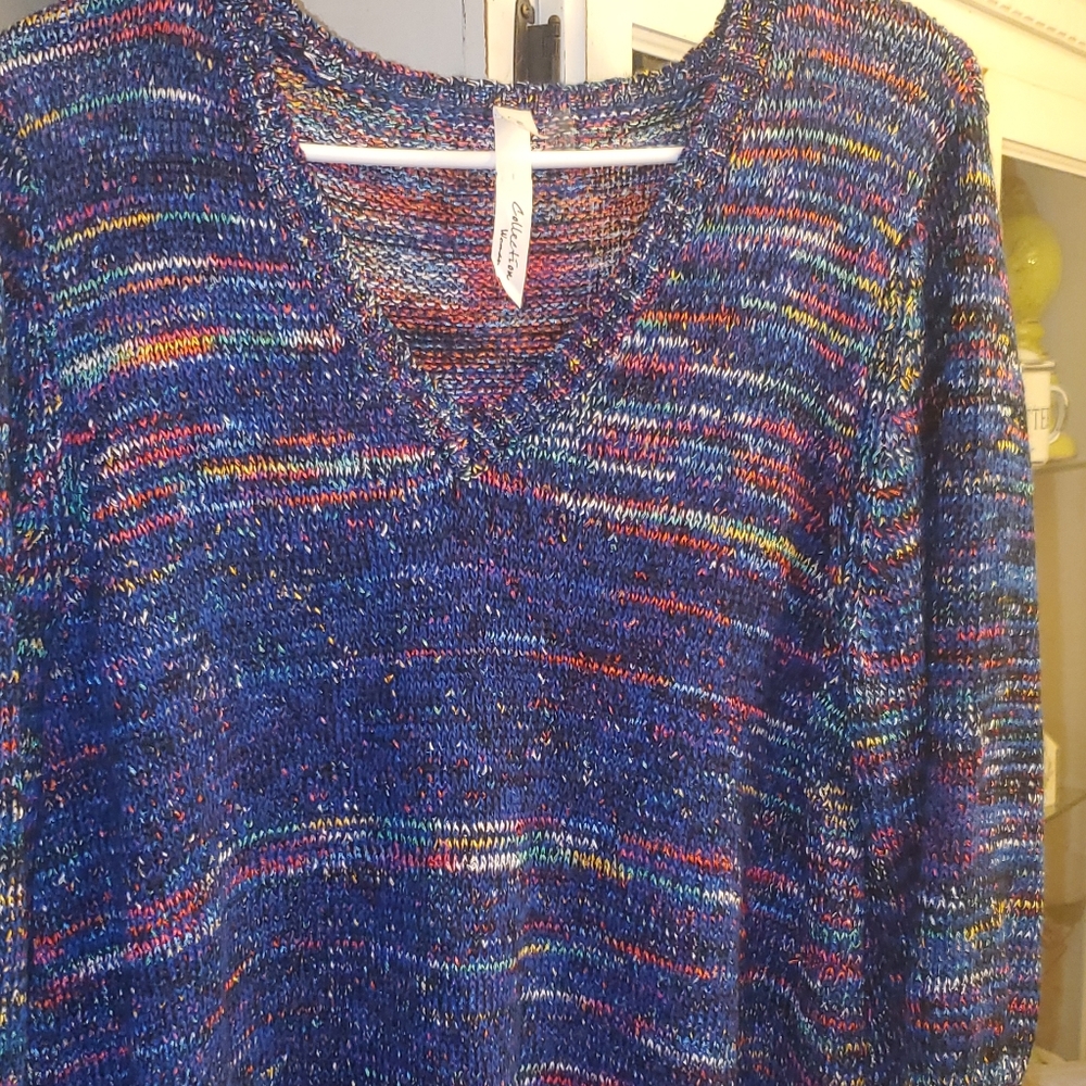 NY Collection V Neck Long Sleeve Acrylic Dye Multicolor Print